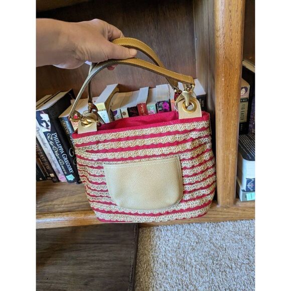Eric javits tan and red canvas knit wicker basket weave bag euc - Picture 3 of 7